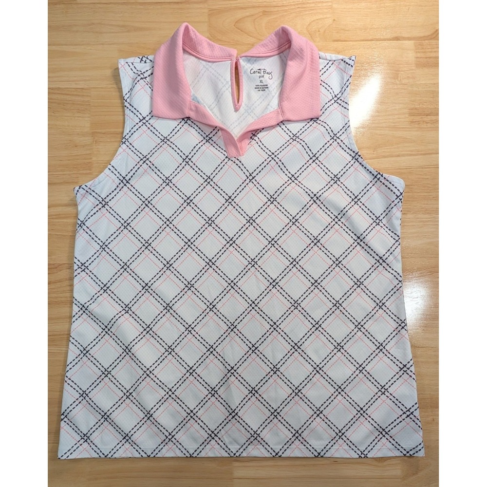 Coral Bay Golf Womens XL Sleeveless Polo Shirt White Pink Plaid Checkered Top